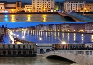 Arno in piena: nella notte a Firenze (sopra) e a Pisa, questa mattina